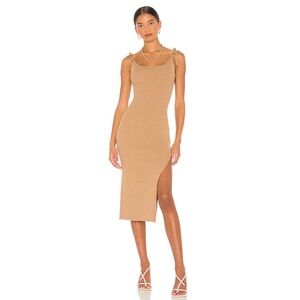 LPA Salmah Ribbed Knit Midi Dress Tie Shoulder Side Slit in Camel Size M